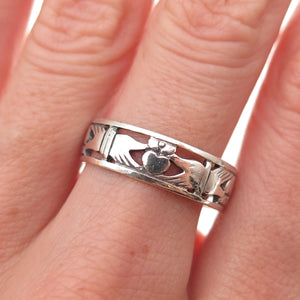 Peter Stone Sterling Silver Vintage Irish Claddagh Oxidized Band Ring Size 9.5