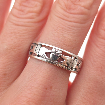 Peter Stone Sterling Silver Vintage Irish Claddagh Oxidized Band Ring Size 9.5