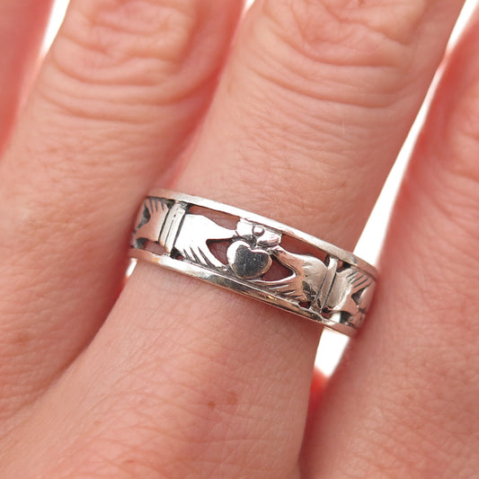 Peter Stone Sterling Silver Vintage Irish Claddagh Oxidized Band Ring Size 9.5