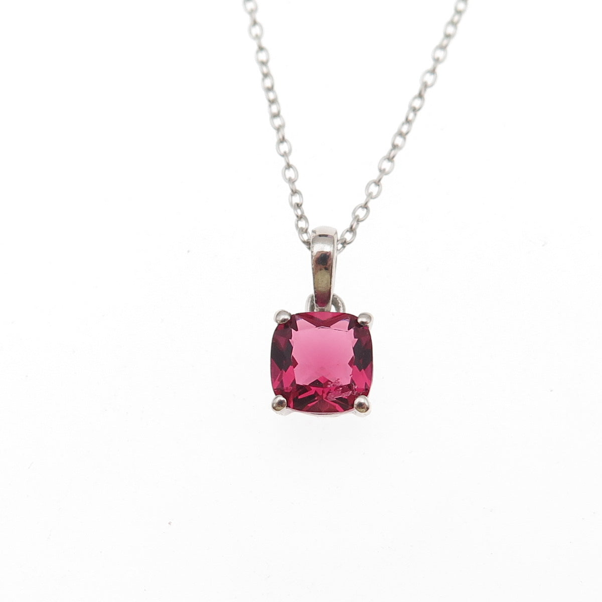 925 Sterling Silver Real Cushion-Cut Rhodolite Cable Chain Necklace 18"