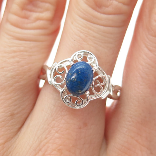 NEVADA 925 Sterling Silver Vintage Real Lapis Lazuli Flower Ring Size 8.5
