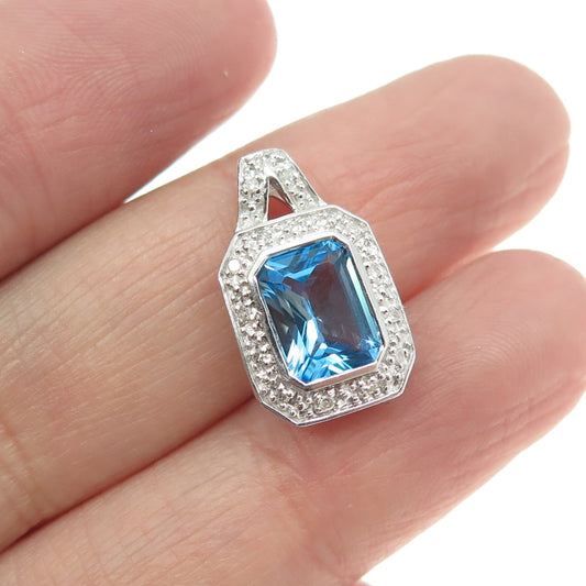 925 Sterling Silver Real Round-Cut Diamond & Blue Topaz Minimalist Pendant