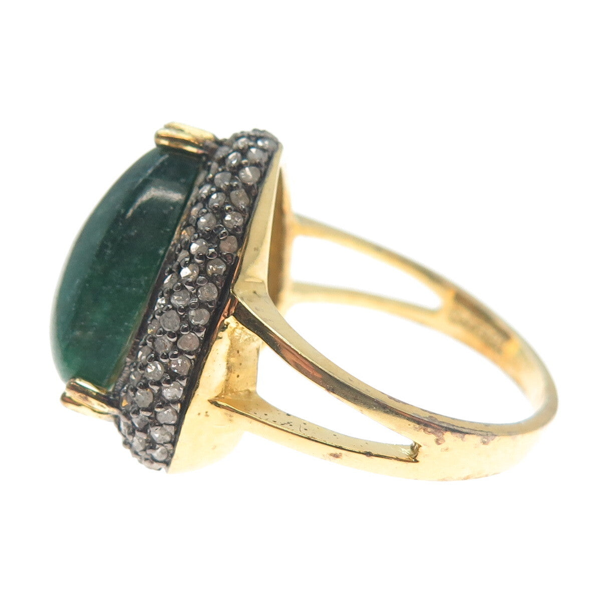 925 Sterling Gold Plated Real Diamond Malachite Ring Size 8.5 (missing 1 stone)
