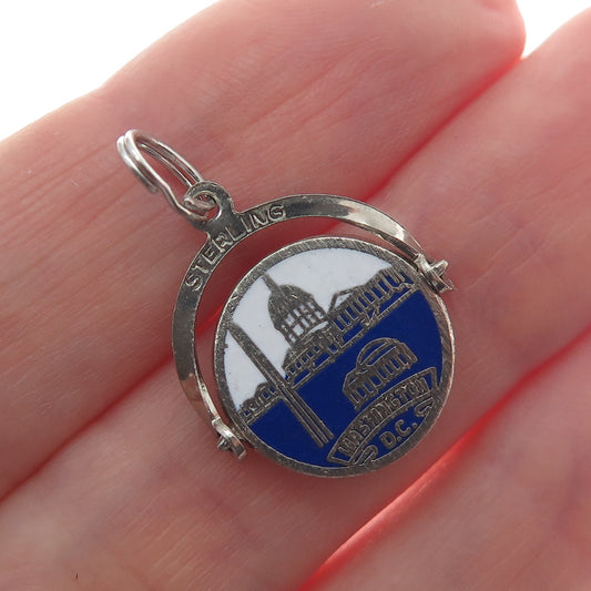 925 Sterling Silver Vintage Enamel Washington DC Reversible Minimalist Pendant
