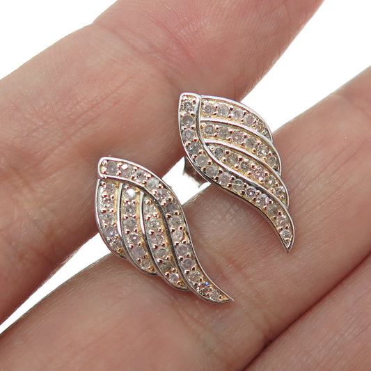 925 Sterling Silver 2-Tone Real Round-Cut Diamond Angel Wing Earrings