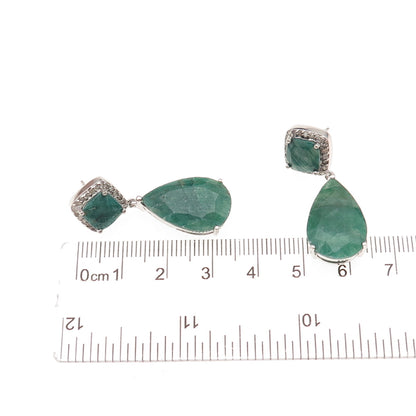 925 Sterling Silver Real Diamond & Emerald Teardrop Dangle Earrings