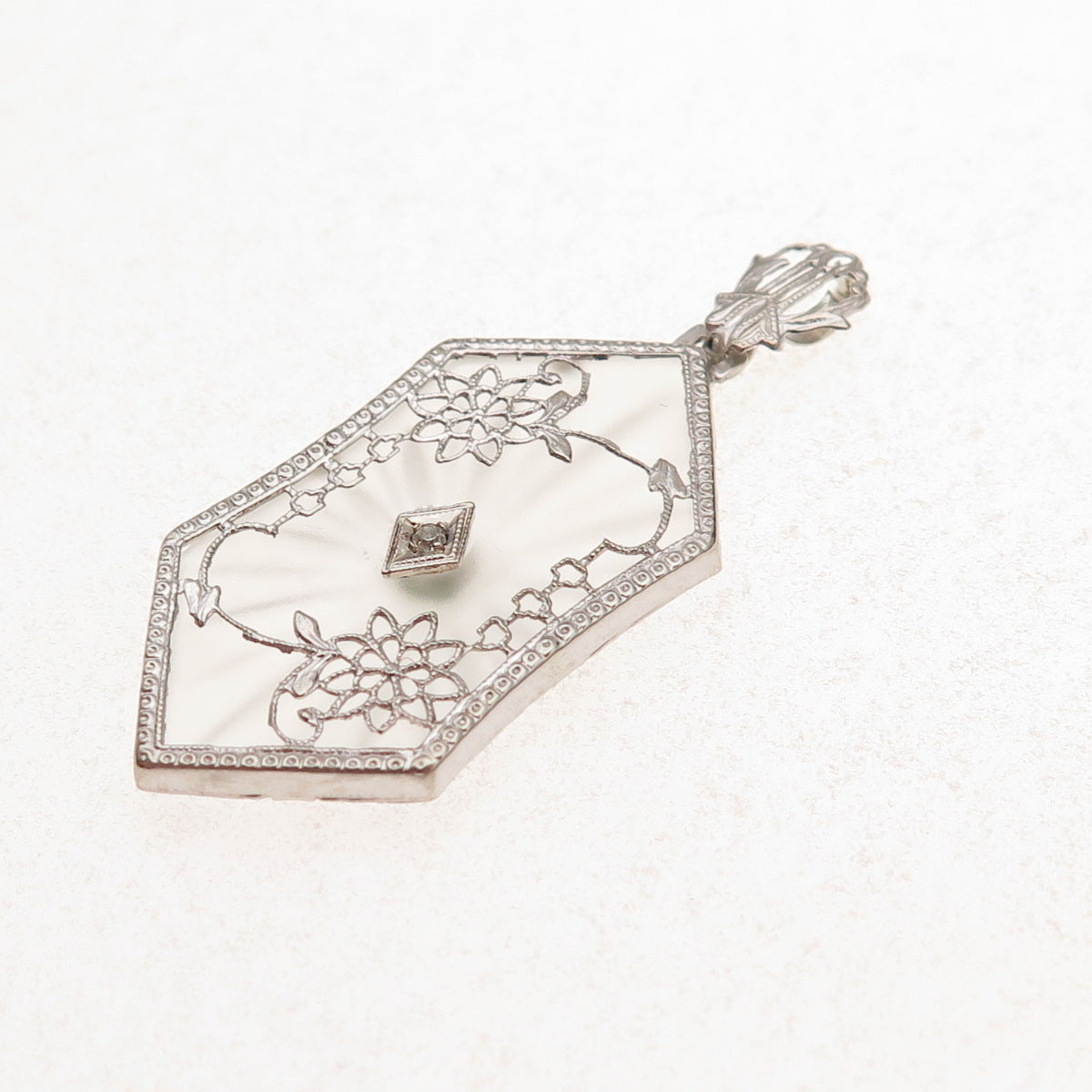 14K White Gold Antique Victorian Real Diamond Camphor Frosted Glass Pendant