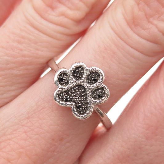 925 Sterling Silver Real Round-Cut Black & White Diamond Dog Paw Ring Size 7