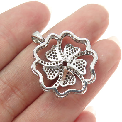 925 Sterling Silver Real Round-Cut Diamond Flower Pendant