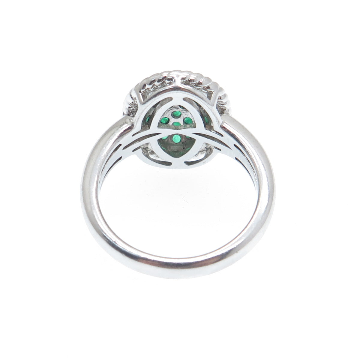 J. STELLA 925 Sterling Silver Real Round-Cut Emerald Cluster Ring Size 7.25