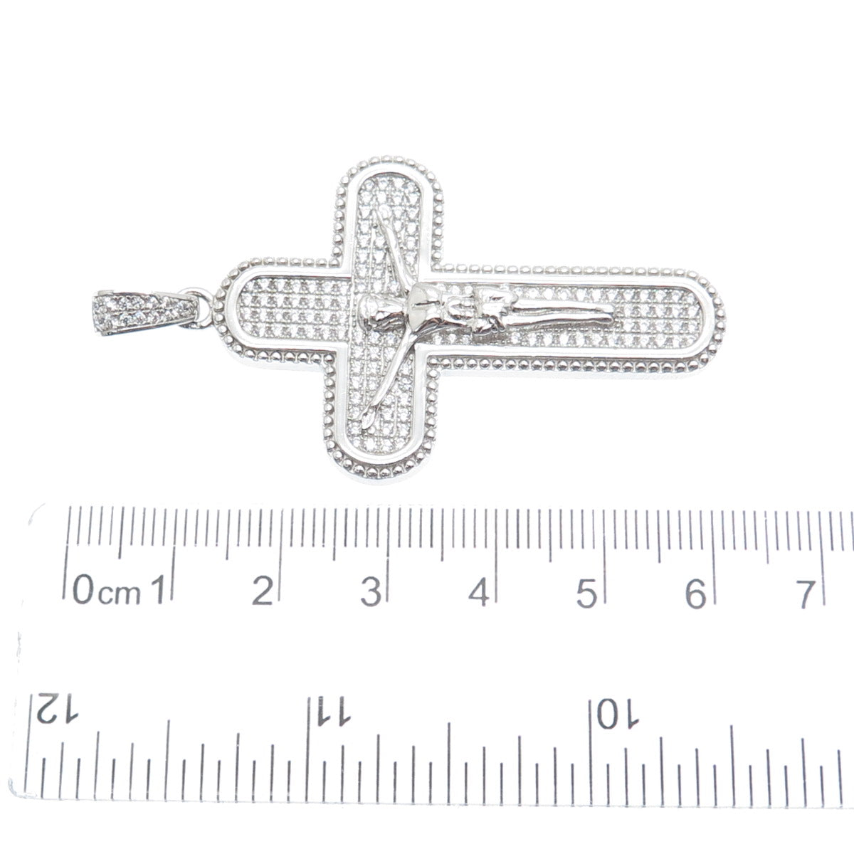 925 Sterling Silver Round-Cut Shaped C Z Crucifix Cross Religious Pendant