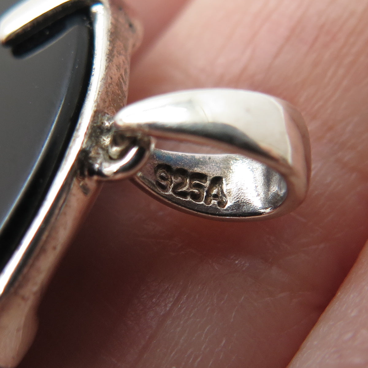925 Sterling Silver Vintage Real Black Onyx Chinese Character Good Luck Pendant