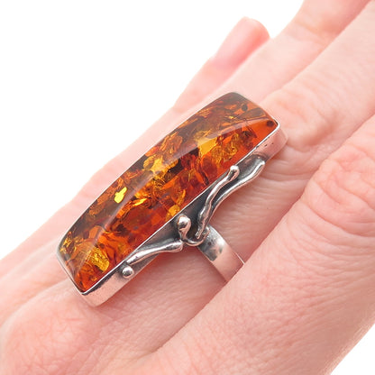 925 Sterling Silver Vintage Real Amber Modernist Oxidized Ring Size 6.5
