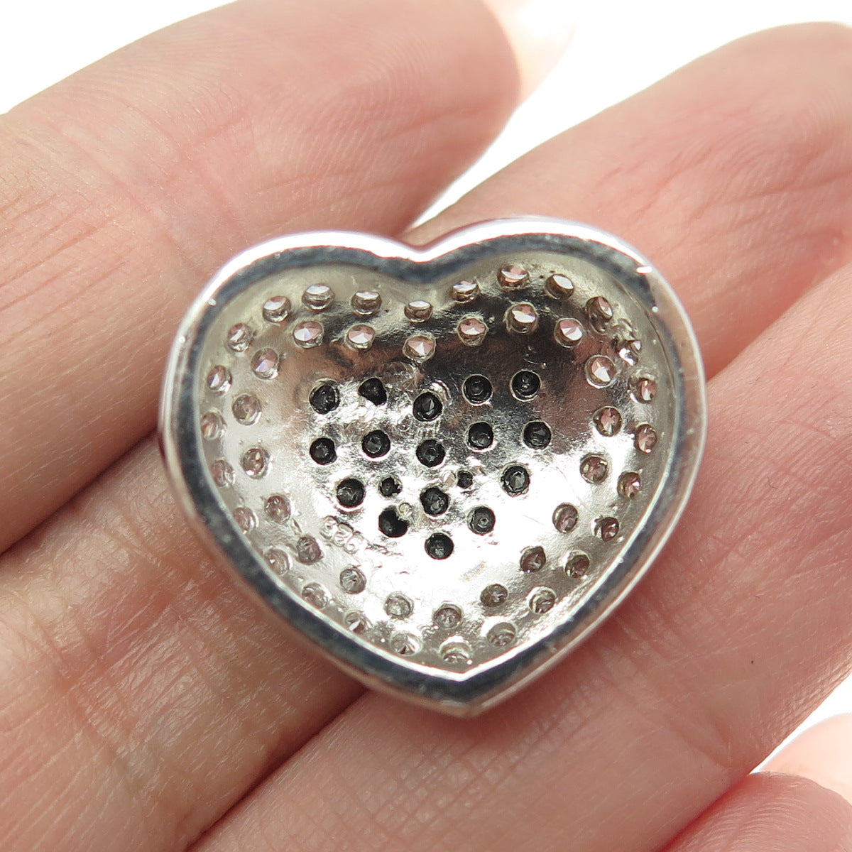 925 Sterling Silver Real Round-Cut Black Spinel & C Z Heart Slide Pendant