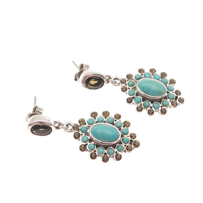 BARSE Sterling Silver Vintage Rhinestone Real Turquoise & Smoky Quartz Earrings
