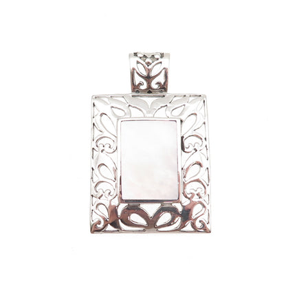 925 Sterling Silver Vintage Real MOP Floral Ornate Oxidized Pendant