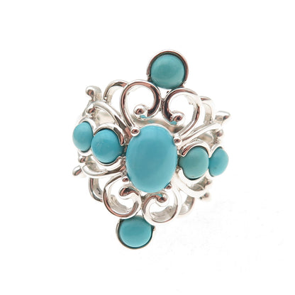 925 Sterling Silver Real Sleeping Beauty Turquoise Floral Cross Ring Size 8