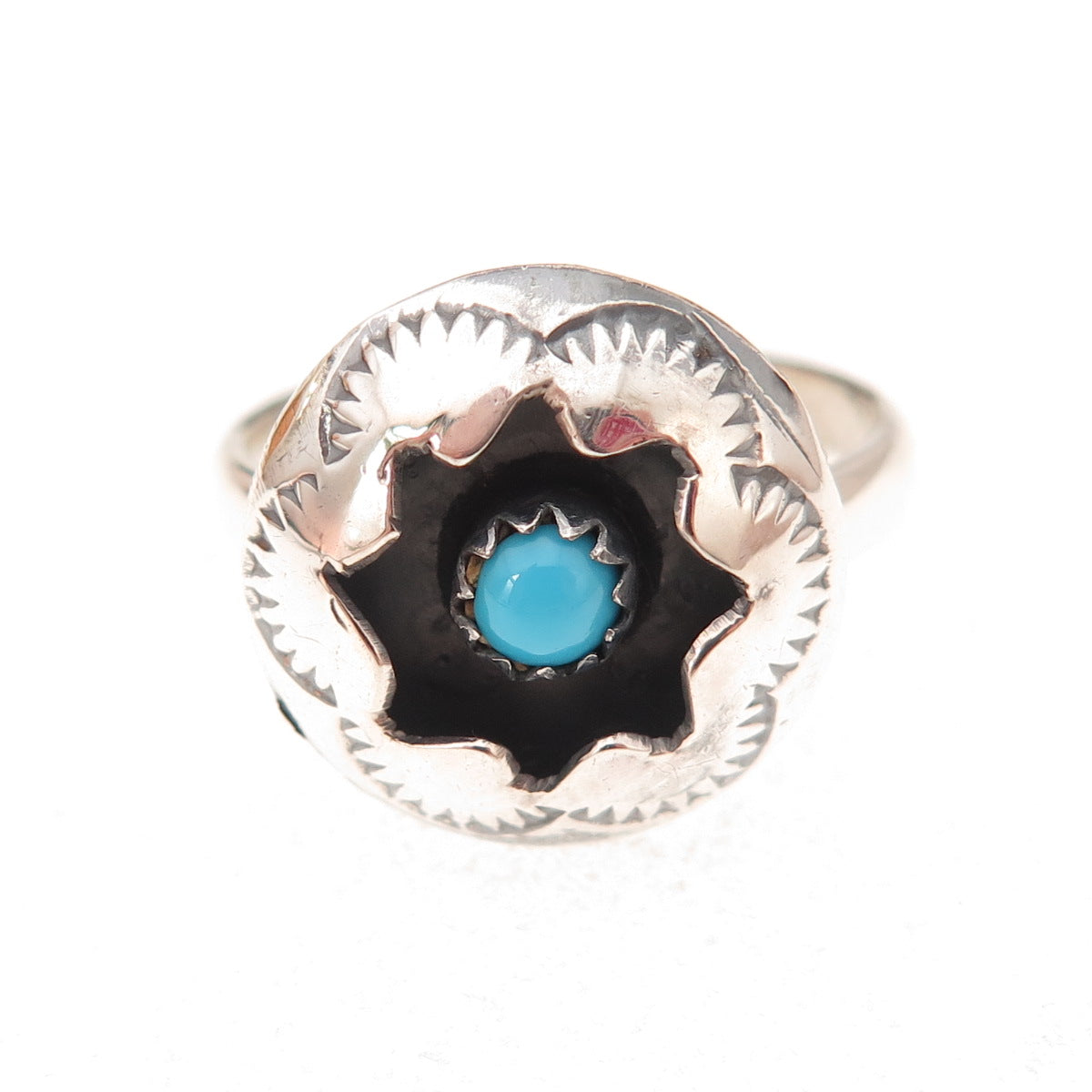 Old Pawn Sterling Silver Vintage Turquoise Snake Eye Shadow Box Ring Size 7.5