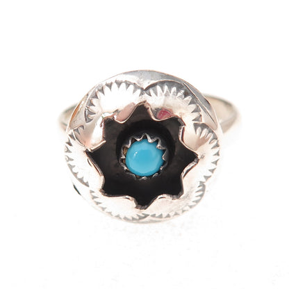 Old Pawn Sterling Silver Vintage Turquoise Snake Eye Shadow Box Ring Size 7.5