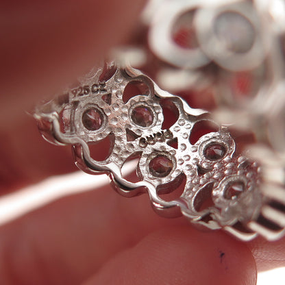 925 Sterling Silver Round-Cut C Z Heart Ornate Band Size 7.25