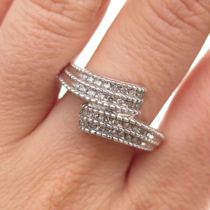 925 Sterling Silver Real Round-Cut Diamond Bypass Ring Size 8.75