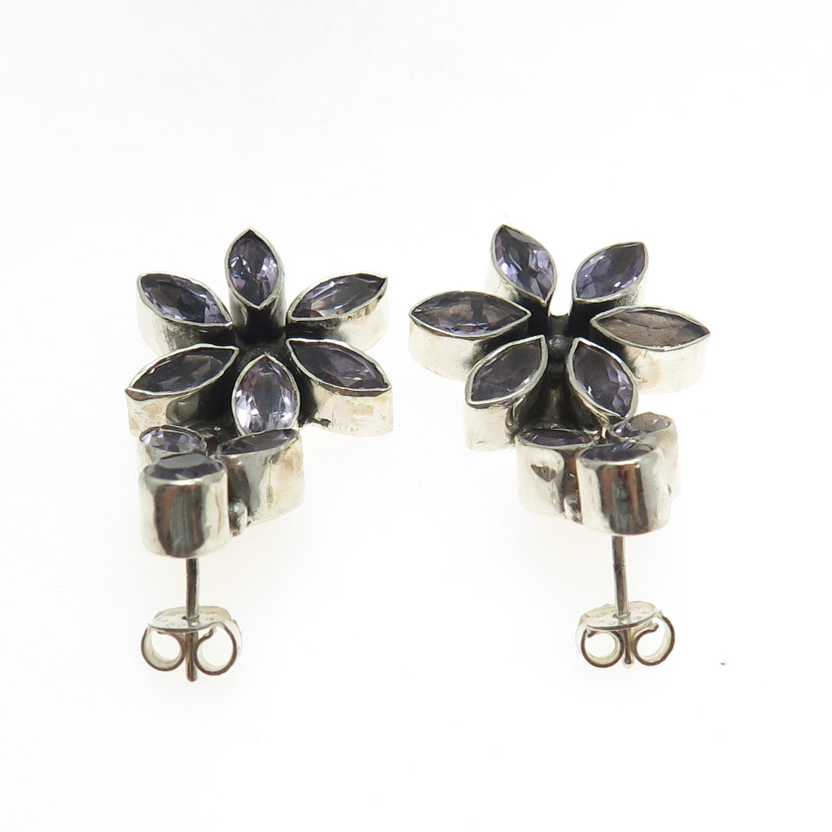 925 Sterling Silver Vintage Real Marquise & Round-Cut Amethyst Floral Earrings