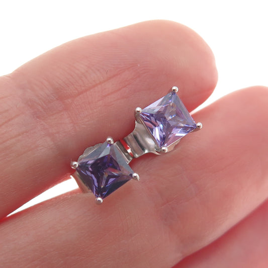 925 Sterling Silver Princess-Cut Purple C Z Stud Earrings