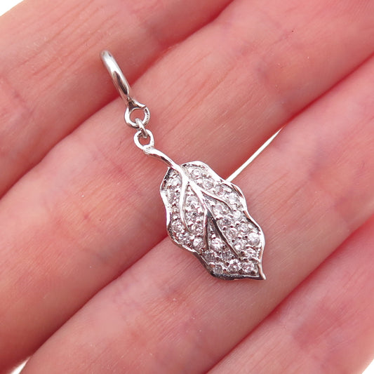 925 Sterling Silver Round-Cut C Z Floral Leaf Spring Ring Lock Charm Pendant