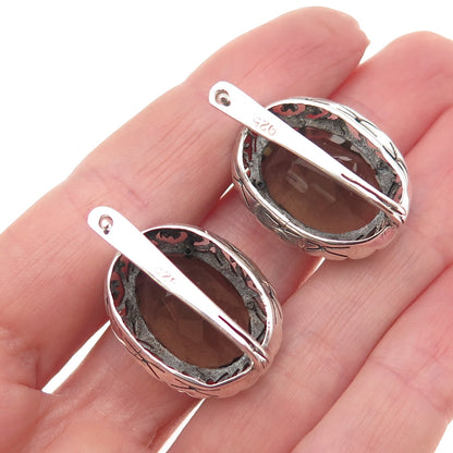 925 Sterling Silver Vintage Real Smoky Quartz Heart Ornate Bezel Earrings