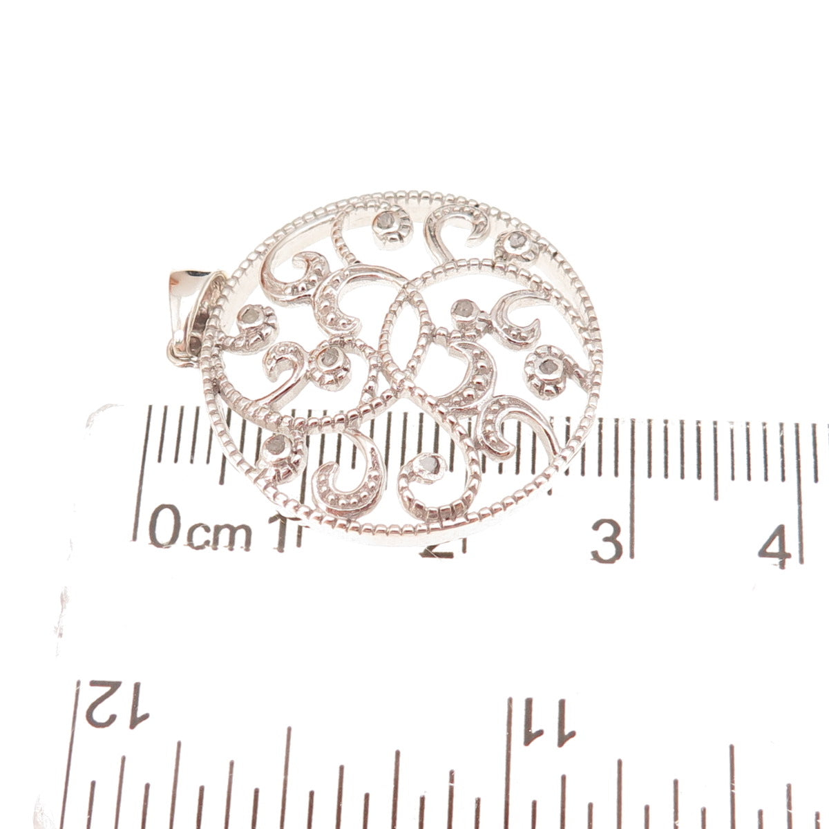 925 Sterling Silver Real Round-Cut Diamond Floral Scroll Charm Pendant