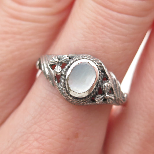925 Sterling Silver Vintage Real MOP Flower Blossom Oxidized Ring Size 8.75