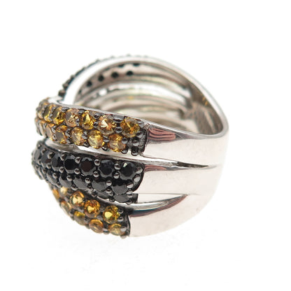 925 Sterling Silver Real Yellow Topaz & Black Spinel Crisscross Ring Size 7.25
