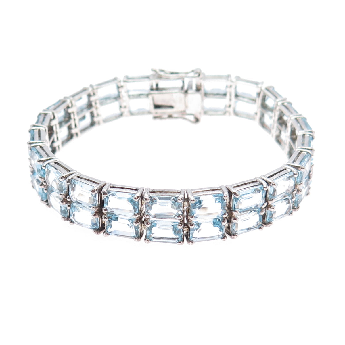 925 Sterling Silver Vintage Real Emerald-Cut Blue Topaz Bracelet 6.75"