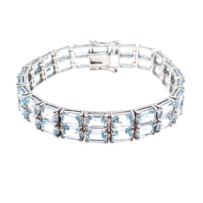 925 Sterling Silver Vintage Real Emerald-Cut Blue Topaz Bracelet 6.75"