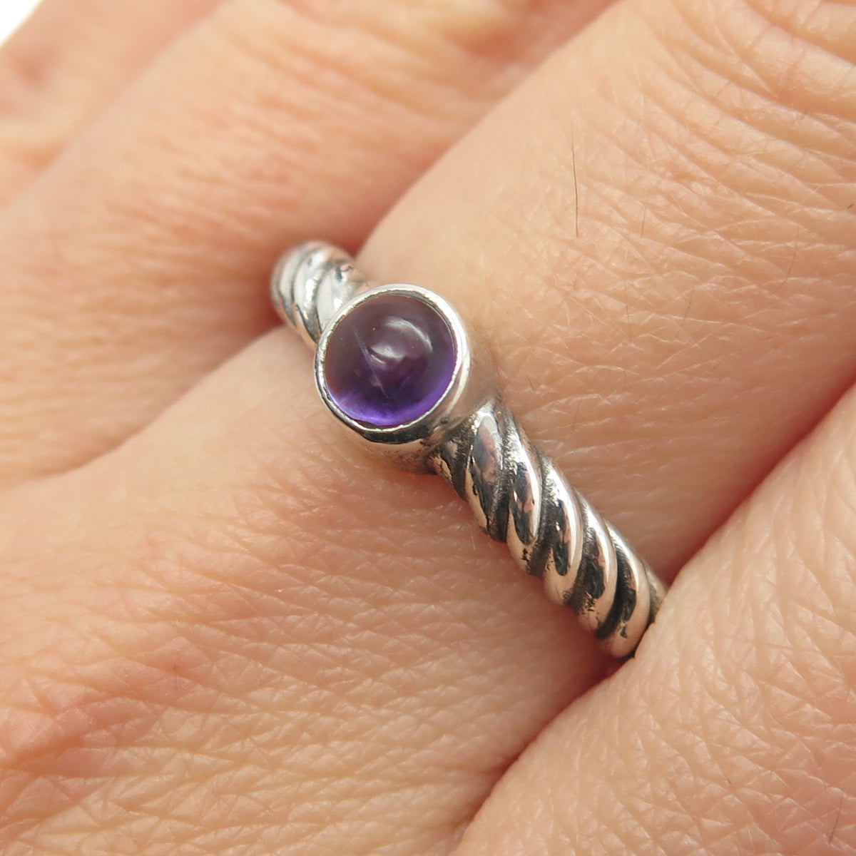 925 Sterling Silver Vintage Real Amethyst Twisted Rope Ring Size 8.75