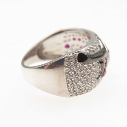 925 Sterling Silver Black Rhodium Lab-Created Ruby & C Z Floral Ring Size 6.75