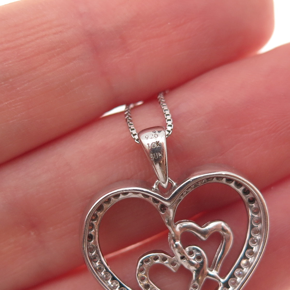 Sun 925 Sterling Silver 10K Gold Real Diamond Couple Heart Chain Necklace 18"