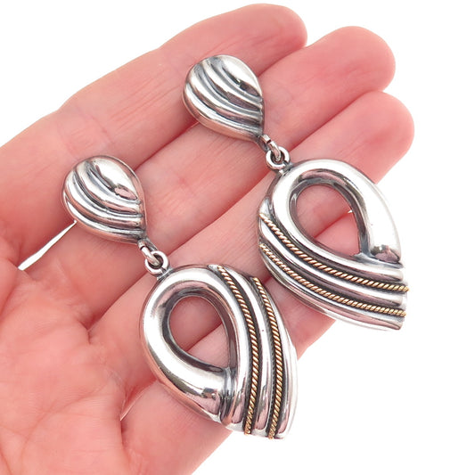 LATON Sterling Silver 2-Tone Vintage Mexico Modernist Oxidized Dangle Earrings