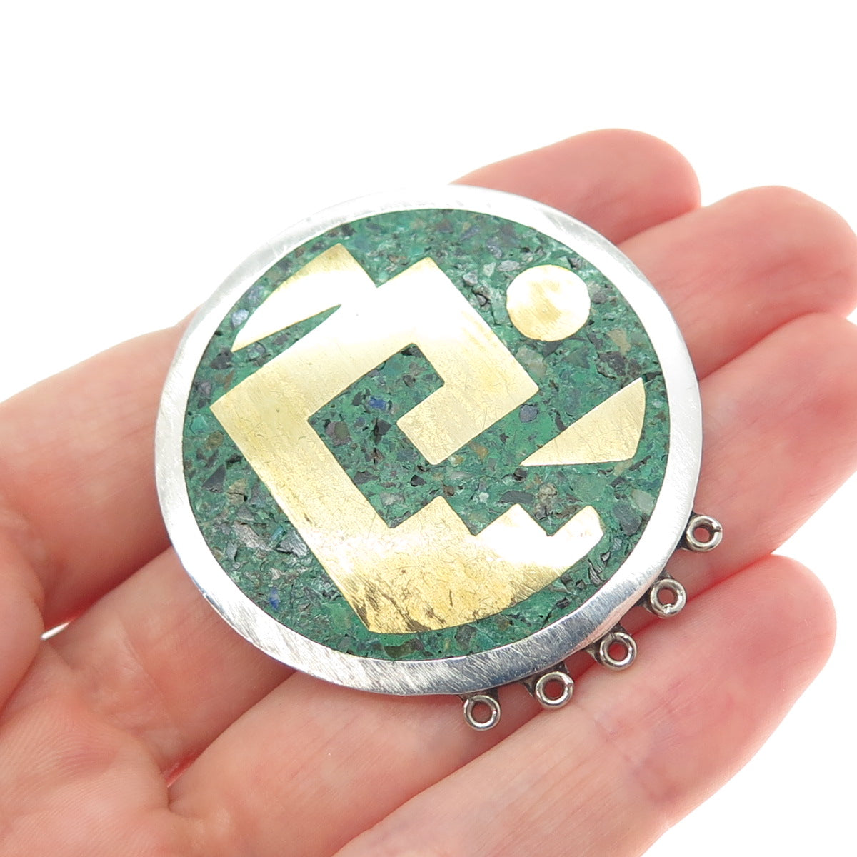 925 Sterling Silver 2-Tone Vintage Mexico Azurite Tribal Symbol Brooch / Pendant