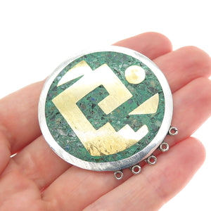 925 Sterling Silver 2-Tone Vintage Mexico Azurite Tribal Symbol Brooch / Pendant