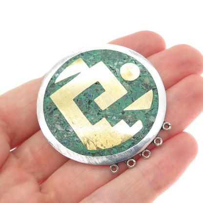 925 Sterling Silver 2-Tone Vintage Mexico Azurite Tribal Symbol Brooch / Pendant