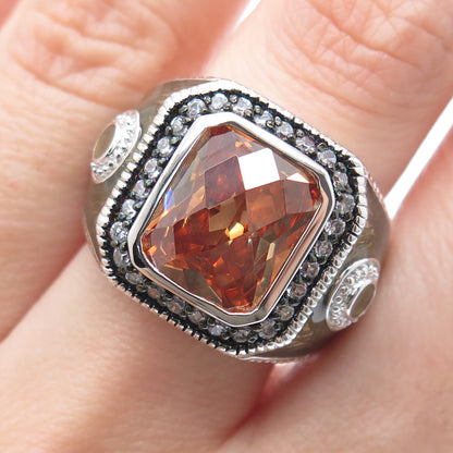 925 Sterling Silver White & Fire Multi-Cut C Z Enamel Ring Size 7.5