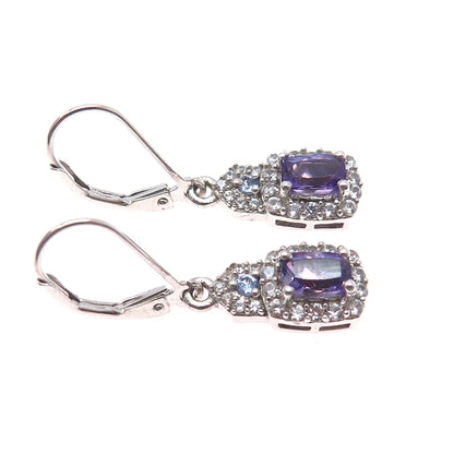 CHUCK CLEMENCY 925 Sterling Silver Real Amethyst & White Topaz Dangle Earrings