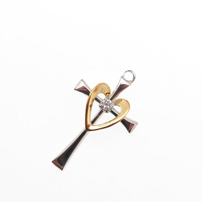 TRU-KAY 925 Sterling Silver 2-Tone C Z Heart Cross Mini Charm Pendant