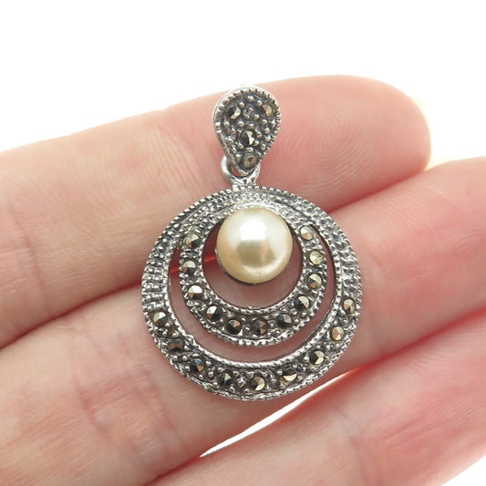 925 Sterling Silver Vintage Marcasite Gem & Faux Pearl Double Circle Pendant