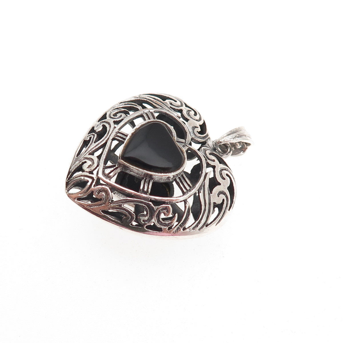 925 Sterling Silver Vintage Real Black Onyx Ornate Heart Dual Sided Pendant