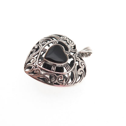 925 Sterling Silver Vintage Real Black Onyx Ornate Heart Dual Sided Pendant