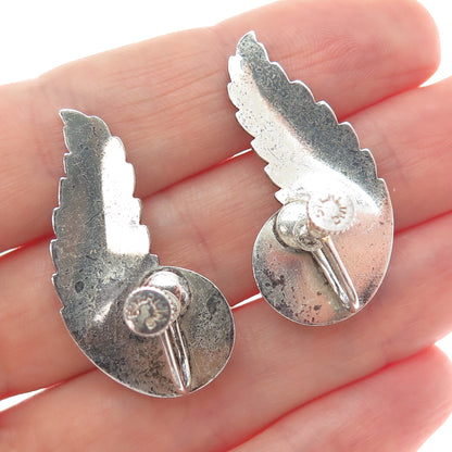 925 Sterling Silver Antique Art Deco Feather Oxidized Screw Back Earrings