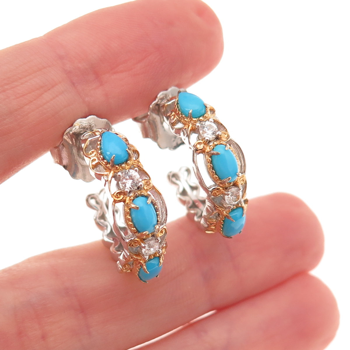 925 Sterling 2-Tone Real Sleeping Beauty Turquoise & White Topaz Hoop Earrings
