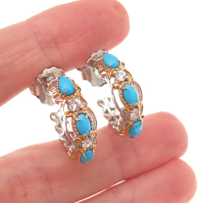 925 Sterling 2-Tone Real Sleeping Beauty Turquoise & White Topaz Hoop Earrings